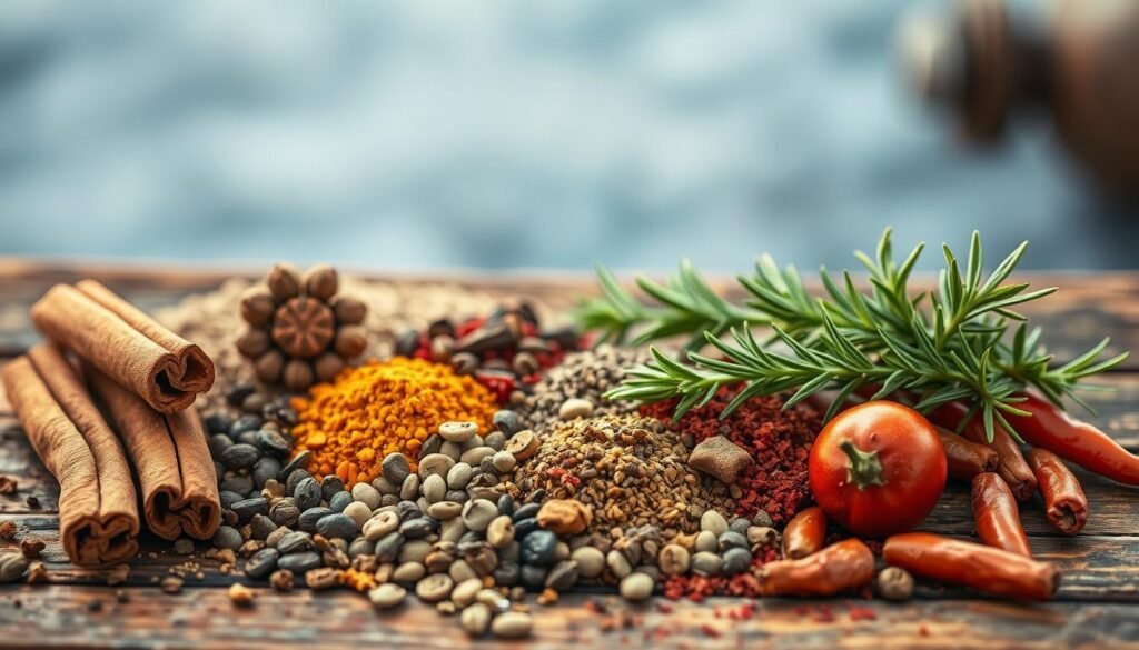 A beautifully arranged collection of aromatic spices and herbs for outdoor cooking, illuminated by warm, natural light. Whole cinnamon sticks, peppercorns, cumin seeds, smoked paprika, and fresh rosemary sprigs are carefully displayed on a rustic wooden surface, evoking the comforting scents of a seaside campfire. The spices are showcased in an artful, inviting manner, drawing the viewer in to explore the diverse flavors that will elevate any alfresco meal. A sense of adventure and culinary exploration permeates the scene, inspiring the viewer to embark on their own flavorful journey.