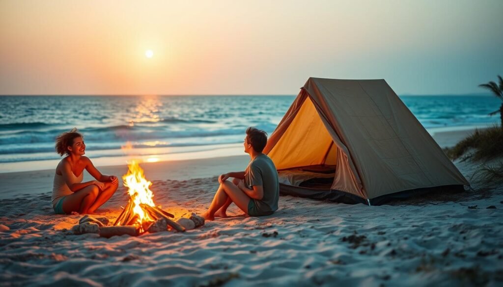 A breathtaking scene of a serene beach at golden hour. In the foreground, two friends sit around a crackling campfire, their faces aglow with laughter and wonder. Nearby, a cozy, weathered tent nestles amongst the soft dunes, its flaps slightly open to reveal the promise of comfort within. In the middle distance, the vast expanse of the ocean gently laps against the shore, its azure waters shimmering under the warm, golden rays of the setting sun. Distant silhouettes of palm trees sway gently in the sea breeze, adding to the tranquil, tropical ambiance. The overall mood is one of pure, untamed bliss - a magical, rejuvenating escape from the everyday, showcasing the breathtaking beauty of beach camping in America. A breathtaking scene of a serene beach at golden hour. In the foreground, two friends sit around a crackling campfire, their faces aglow with laughter and wonder. Nearby, a cozy, weathered tent nestles amongst the soft dunes, its flaps slightly open to reveal the promise of comfort within. In the middle distance, the vast expanse of the ocean gently laps against the shore, its azure waters shimmering under the warm, golden rays of the setting sun. Distant silhouettes of palm trees sway gently in the sea breeze, adding to the tranquil, tropical ambiance. The overall mood is one of pure, untamed bliss - a magical, rejuvenating escape from the everyday, showcasing the breathtaking beauty of beach camping in America.
