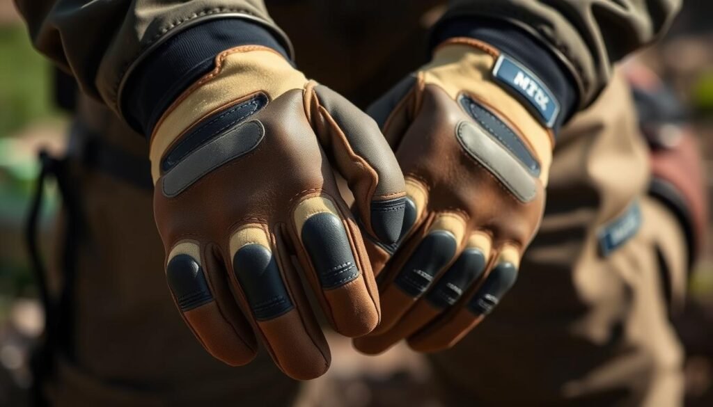 A close-up photograph of a pair of human hands wearing high-quality, durable work gloves. The gloves are made of sturdy, reinforced leather with padded palms and fingers, providing excellent protection and grip. The lighting is soft and natural, emphasizing the texture and details of the gloves. The background is blurred, keeping the focus on the hands and the protective gear. The overall mood is one of rugged utility and preparedness, conveying the importance of hand and arm protection for outdoor activities and physical labor. A close-up photograph of a pair of human hands wearing high-quality, durable work gloves. The gloves are made of sturdy, reinforced leather with padded palms and fingers, providing excellent protection and grip. The lighting is soft and natural, emphasizing the texture and details of the gloves. The background is blurred, keeping the focus on the hands and the protective gear. The overall mood is one of rugged utility and preparedness, conveying the importance of hand and arm protection for outdoor activities and physical labor.