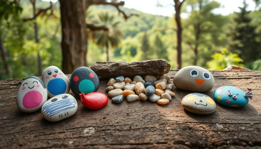 A collection of colorful and whimsical rock crafts for young artists, set against a natural outdoor backdrop. In the foreground, a group of smooth river stones are carefully painted with vibrant acrylic paints, each one transformed into a unique character or animal. In the middle ground, a cluster of pebbles are arranged to form playful patterns and shapes, like a mosaic of natural elements. The background features a lush, verdant landscape with towering trees, providing a serene and inspiring setting for this hands-on DIY project. Soft, diffused lighting casts gentle shadows, creating depth and dimension. The overall mood is one of creativity, imagination, and a connection to the great outdoors. A collection of colorful and whimsical rock crafts for young artists, set against a natural outdoor backdrop. In the foreground, a group of smooth river stones are carefully painted with vibrant acrylic paints, each one transformed into a unique character or animal. In the middle ground, a cluster of pebbles are arranged to form playful patterns and shapes, like a mosaic of natural elements. The background features a lush, verdant landscape with towering trees, providing a serene and inspiring setting for this hands-on DIY project. Soft, diffused lighting casts gentle shadows, creating depth and dimension. The overall mood is one of creativity, imagination, and a connection to the great outdoors.