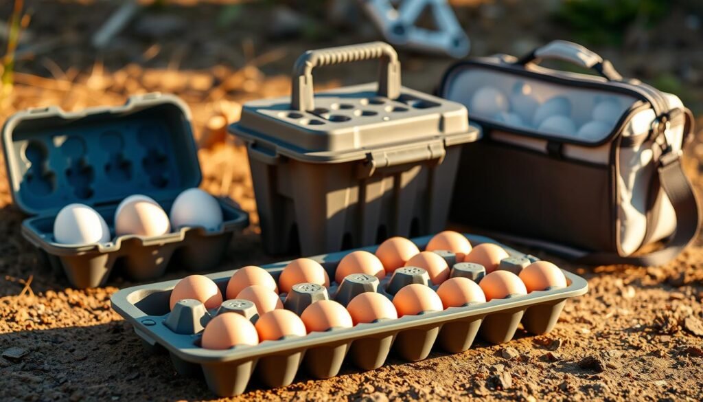 A collection of durable, weatherproof egg holders for outdoor activities. In the foreground, a sleek, food-grade silicone egg tray with individual compartments to securely hold a dozen eggs. The middle ground features a robust, hard-plastic container with a hinged lid, designed to protect eggs from impacts during travel. In the background, a lightweight, insulated egg carrier with a shoulder strap, perfect for picnics and camping trips. Warm, natural lighting casts subtle shadows, highlighting the practical designs and high-quality materials of these versatile outdoor egg storage solutions.
