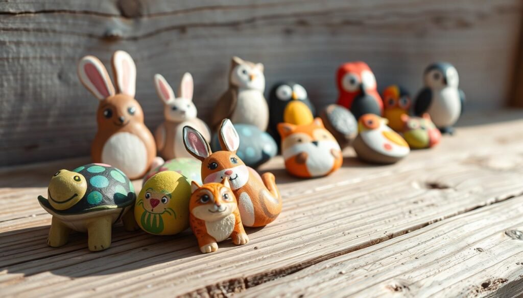 A collection of whimsical, hand-painted rock animals sitting on a weathered wooden surface, captured in natural lighting. The foreground features a group of charming, expressive creatures - a smiling turtle, a curious rabbit, and a mischievous squirrel, all rendered with vibrant colors and delicate brushstrokes. The middle ground showcases additional rock animals, perhaps a fox, an owl, and a bird, arranged in a playful, harmonious composition. The background subtly hints at a rustic, outdoor setting, with a soft, neutral backdrop that allows the painted rocks to take center stage. The overall scene emanates a sense of warmth, imagination, and the joy of simple, handmade crafts, perfect for a cozy camping adventure with toddlers.