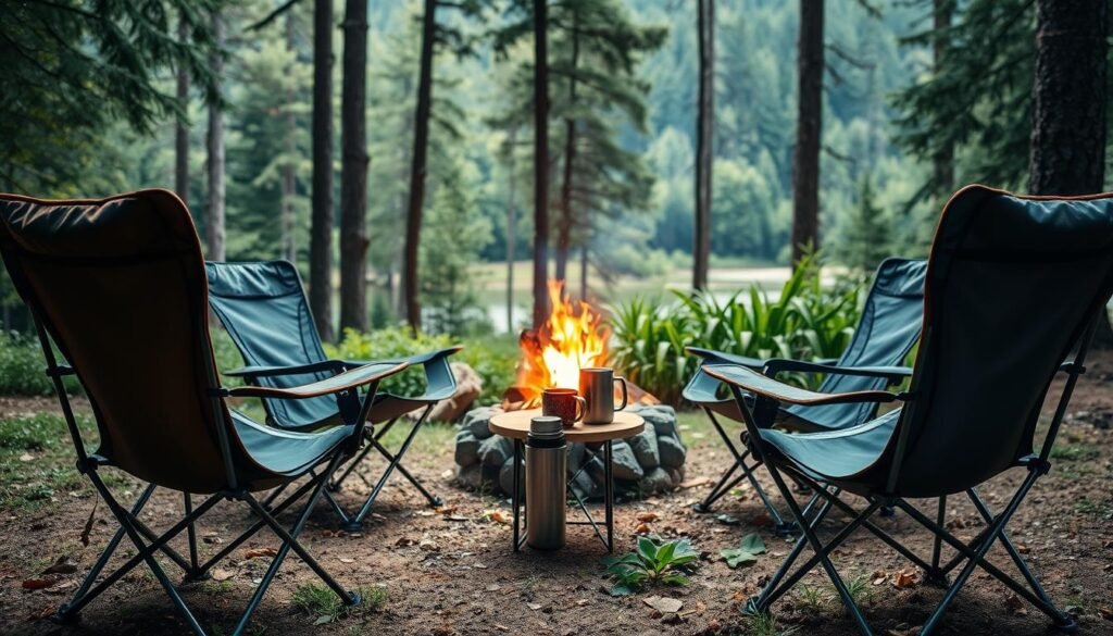 A comfortable and inviting outdoor scene, showcasing a group of high-quality camping chairs positioned in a lush, natural setting. The chairs, crafted from sturdy, weather-resistant materials, are arranged in a semicircle, facing a crackling campfire. Warm, soft lighting illuminates the scene, creating a cozy and relaxing atmosphere. In the middle ground, a small table holds a thermos and mugs, hinting at the comforts of an evening spent in the great outdoors. The background features a verdant forest, with tall trees and a glimpse of a tranquil lake or river. The overall composition emphasizes the importance of investing in a quality camping chair that can enhance the enjoyment and comfort of any outdoor adventure. A comfortable and inviting outdoor scene, showcasing a group of high-quality camping chairs positioned in a lush, natural setting. The chairs, crafted from sturdy, weather-resistant materials, are arranged in a semicircle, facing a crackling campfire. Warm, soft lighting illuminates the scene, creating a cozy and relaxing atmosphere. In the middle ground, a small table holds a thermos and mugs, hinting at the comforts of an evening spent in the great outdoors. The background features a verdant forest, with tall trees and a glimpse of a tranquil lake or river. The overall composition emphasizes the importance of investing in a quality camping chair that can enhance the enjoyment and comfort of any outdoor adventure.