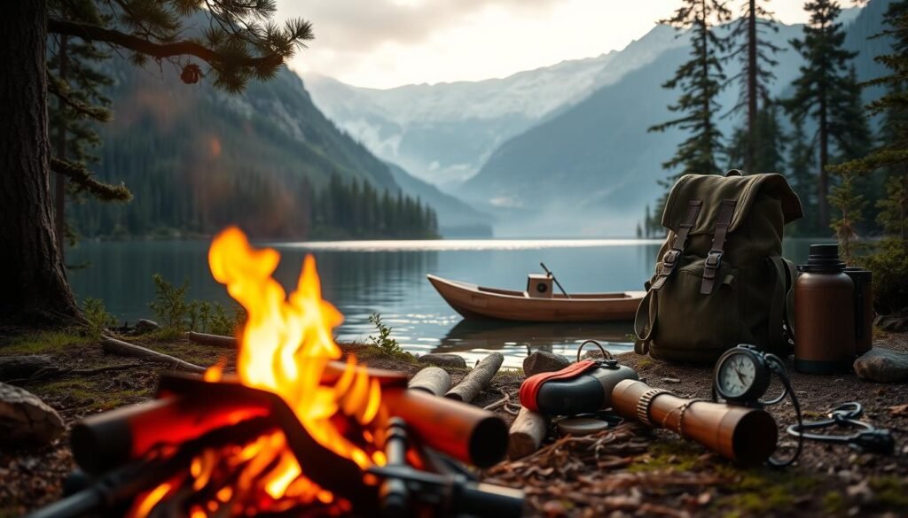 A cozy campfire flickering in the foreground, casting warm, golden light across a collection of handcrafted exploration and adventure tools. In the middle ground, a backpack, compass, binoculars, and a hand-carved wooden boat float on a serene lake, surrounded by lush greenery and towering pine trees. The background showcases a breathtaking mountain landscape, bathed in the soft, diffused glow of the setting sun. The scene exudes a sense of wonder, inviting the viewer to embark on their own journey of discovery and outdoor exploration. A cozy campfire flickering in the foreground, casting warm, golden light across a collection of handcrafted exploration and adventure tools. In the middle ground, a backpack, compass, binoculars, and a hand-carved wooden boat float on a serene lake, surrounded by lush greenery and towering pine trees. The background showcases a breathtaking mountain landscape, bathed in the soft, diffused glow of the setting sun. The scene exudes a sense of wonder, inviting the viewer to embark on their own journey of discovery and outdoor exploration.