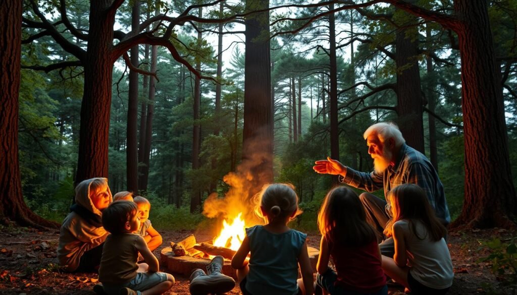 A cozy campfire in a secluded forest clearing, the flickering flames casting warm, golden light over a group of children sitting in a circle, listening intently as an elderly storyteller gestures animatedly, their face aglow with the fire's dance. The children's eyes are wide with wonder, their imaginations captivated by the tale unfolding before them. Tall, ancient trees form a verdant backdrop, their branches reaching skyward. The atmosphere is one of tranquility and enchantment, inviting the viewer to join the enchanting campfire storytelling session.