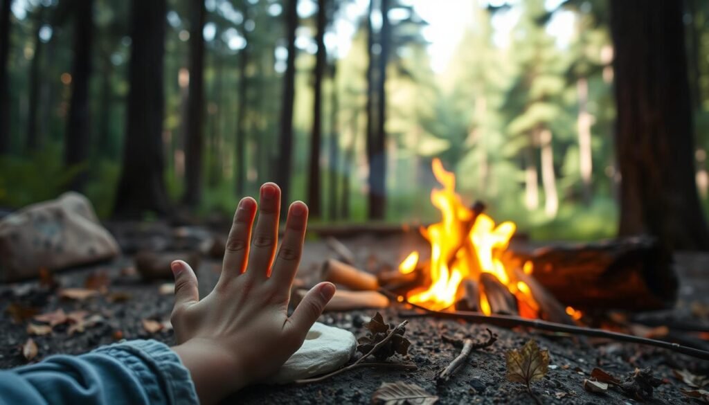 A cozy campfire in the woods, with a warm glow illuminating a handprint craft made by a child. In the foreground, a small hand carefully presses into soft, malleable clay, creating a unique imprint. Surrounding the handprint, delicate twigs and dried leaves are arranged, adding a rustic, natural element. The middle ground features a low-burning campfire, its dancing flames casting a comforting light across the scene. In the background, a lush forest with tall, towering trees creates a serene, tranquil atmosphere. The overall mood is one of nostalgia, connection with nature, and the cherished memories of a simple, heartfelt craft created during a family camping adventure. A cozy campfire in the woods, with a warm glow illuminating a handprint craft made by a child. In the foreground, a small hand carefully presses into soft, malleable clay, creating a unique imprint. Surrounding the handprint, delicate twigs and dried leaves are arranged, adding a rustic, natural element. The middle ground features a low-burning campfire, its dancing flames casting a comforting light across the scene. In the background, a lush forest with tall, towering trees creates a serene, tranquil atmosphere. The overall mood is one of nostalgia, connection with nature, and the cherished memories of a simple, heartfelt craft created during a family camping adventure.