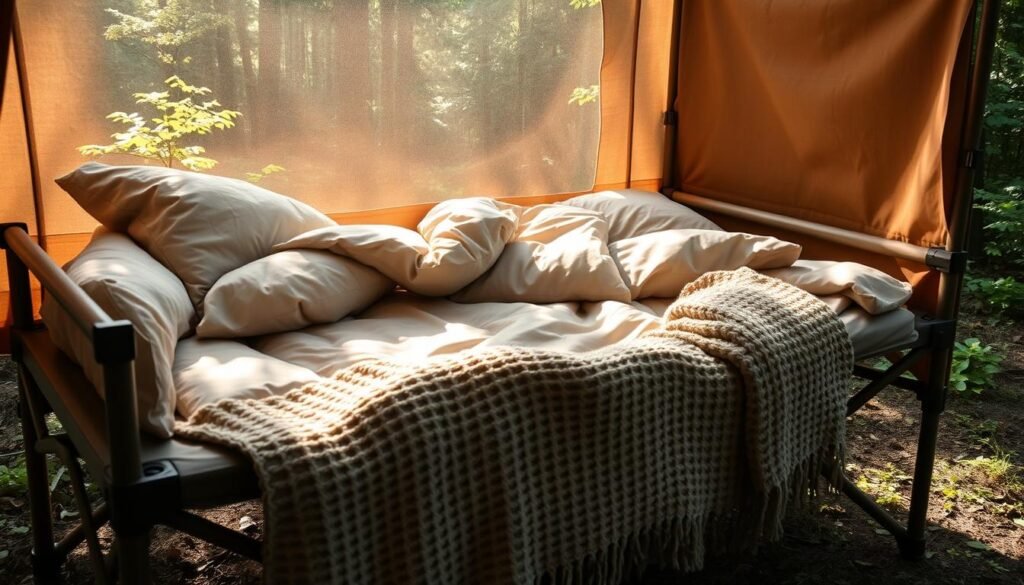 A cozy camping cot adorned with soft, plush bedding in muted earth tones. A thick, quilted comforter nestles between crisp, cotton sheets, inviting you to sink into a restful slumber. Fluffy pillows in complementary hues add an extra touch of comfort, while a warm knitted throw blanket draped across the foot of the cot promises to keep you toasty on chilly nights. The cot is positioned in a tranquil forest setting, sunlight filtering through the lush, green foliage and casting a gentle glow. The overall atmosphere exudes a sense of peaceful relaxation, making this the ideal setup for a rejuvenating camping experience. A cozy camping cot adorned with soft, plush bedding in muted earth tones. A thick, quilted comforter nestles between crisp, cotton sheets, inviting you to sink into a restful slumber. Fluffy pillows in complementary hues add an extra touch of comfort, while a warm knitted throw blanket draped across the foot of the cot promises to keep you toasty on chilly nights. The cot is positioned in a tranquil forest setting, sunlight filtering through the lush, green foliage and casting a gentle glow. The overall atmosphere exudes a sense of peaceful relaxation, making this the ideal setup for a rejuvenating camping experience.