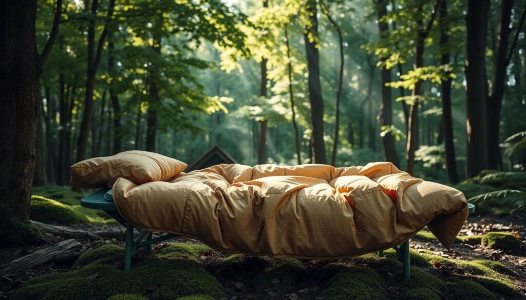 A cozy camping cot set against a backdrop of a serene forest scene, where dappled sunlight filters through the canopy of lush green foliage. The bedding is a plush, quilted comforter in a warm, earthy tone, inviting the viewer to sink into its soft embrace. The cot's frame is made of sturdy, weather-resistant materials, its legs firmly planted on the forest floor. Lush moss and fallen leaves surround the cot, adding to the natural, secluded ambiance. The lighting is soft and natural, casting a gentle glow over the entire scene, evoking a sense of tranquility and rejuvenation. The overall composition conveys a harmonious blend of comfort and connection with the great outdoors, perfectly capturing the essence of a cozy camping experience. A cozy camping cot set against a backdrop of a serene forest scene, where dappled sunlight filters through the canopy of lush green foliage. The bedding is a plush, quilted comforter in a warm, earthy tone, inviting the viewer to sink into its soft embrace. The cot's frame is made of sturdy, weather-resistant materials, its legs firmly planted on the forest floor. Lush moss and fallen leaves surround the cot, adding to the natural, secluded ambiance. The lighting is soft and natural, casting a gentle glow over the entire scene, evoking a sense of tranquility and rejuvenation. The overall composition conveys a harmonious blend of comfort and connection with the great outdoors, perfectly capturing the essence of a cozy camping experience.