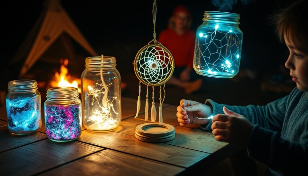 A cozy campsite in the night, with a warm fire flickering in the background. On a weathered wooden table, an array of glow-in-the-dark crafts come to life - a galaxy jar, a luminous dream catcher, and a DIY lantern made from a mason jar and LED lights. The crafts emit a soft, ethereal glow, casting a magical ambiance across the scene. Nearby, a child's hands carefully assemble another craft, their face illuminated by the captivating display. The image is crisp and lifelike, capturing the charm and whimsy of this enchanting nighttime craft session. A cozy campsite in the night, with a warm fire flickering in the background. On a weathered wooden table, an array of glow-in-the-dark crafts come to life - a galaxy jar, a luminous dream catcher, and a DIY lantern made from a mason jar and LED lights. The crafts emit a soft, ethereal glow, casting a magical ambiance across the scene. Nearby, a child's hands carefully assemble another craft, their face illuminated by the captivating display. The image is crisp and lifelike, capturing the charm and whimsy of this enchanting nighttime craft session.