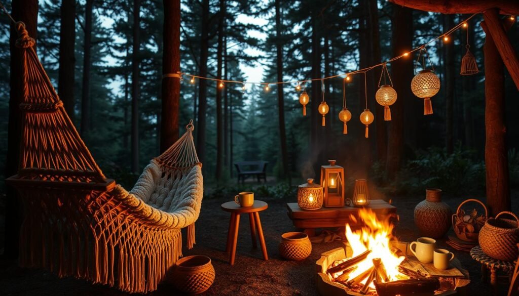 A cozy campsite nestled in a lush forest, adorned with handcrafted decor. In the foreground, a plush hammock sways gently, its macrame detailing casting intricate shadows. Nearby, a small table holds a ceramic teapot and matching mugs, surrounded by intricate woven baskets. The middle ground features a campfire pit, its glowing embers illuminating a cluster of handmade lanterns and string lights. In the background, the silhouettes of towering pine trees frame the scene, creating a serene and tranquil atmosphere. The overall lighting is soft and warm, evoking a cozy and inviting ambiance perfect for an aesthetic outdoor adventure.