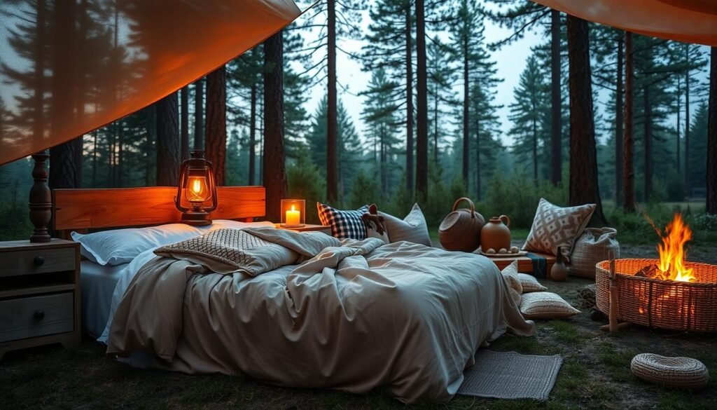 A cozy campsite nestled in a lush forest, the warm glow of a crackling fire casting a soft light across the scene. In the foreground, a well-appointed sleeping arrangement - a plush mattress draped in soft, inviting linens, flanked by rustic wooden nightstands. Nearby, a vintage-style lantern casts a gentle illumination, while a collection of handmade quilts and pillows add a touch of homey comfort. The middle ground reveals an assortment of carefully curated camp decor, from handwoven baskets to a hand-carved walking stick. In the background, the silhouettes of towering pine trees sway gently, creating a serene and tranquil atmosphere. The overall scene exudes a sense of cozy, rustic charm that feels like a true home away from home.