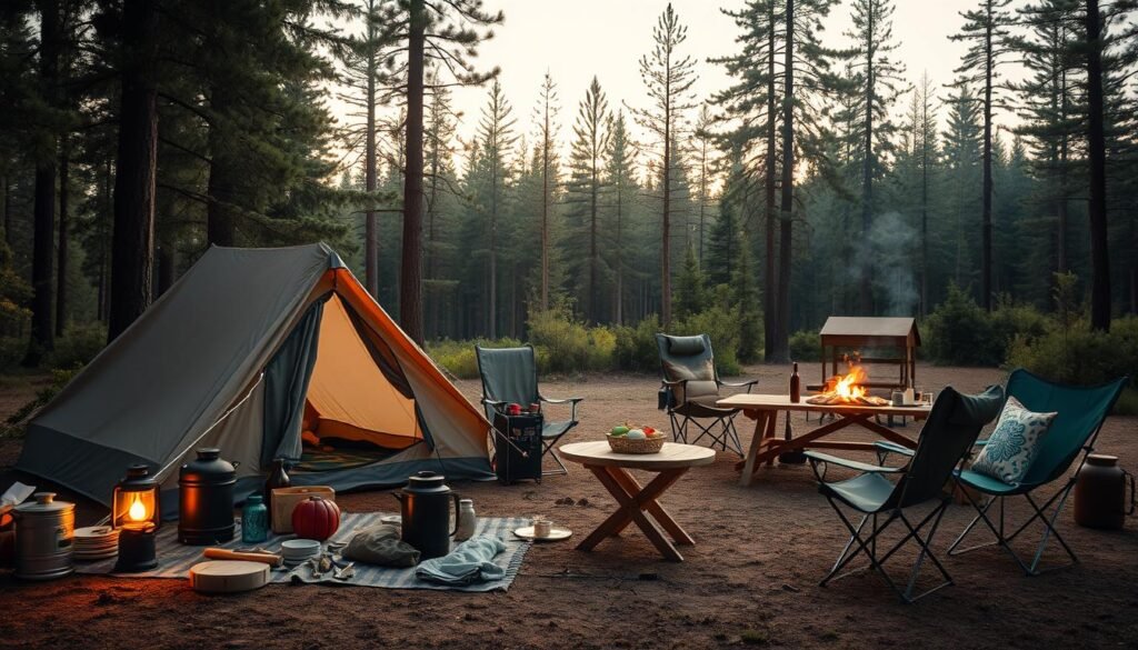 A cozy campsite nestled in a lush forest, with a well-organized and inviting layout. In the foreground, a sturdy canvas tent stands among neatly arranged gear, such as a camp stove, cooking utensils, and a lantern casting a warm glow. The middle ground features a wooden table adorned with handcrafted decor, surrounded by comfortable folding chairs. In the background, tall pines sway gently, and a crackling fire pit invites gatherings. The scene is bathed in the soft, diffused light of a setting sun, creating a serene and inviting atmosphere perfect for a family-friendly outdoor adventure.