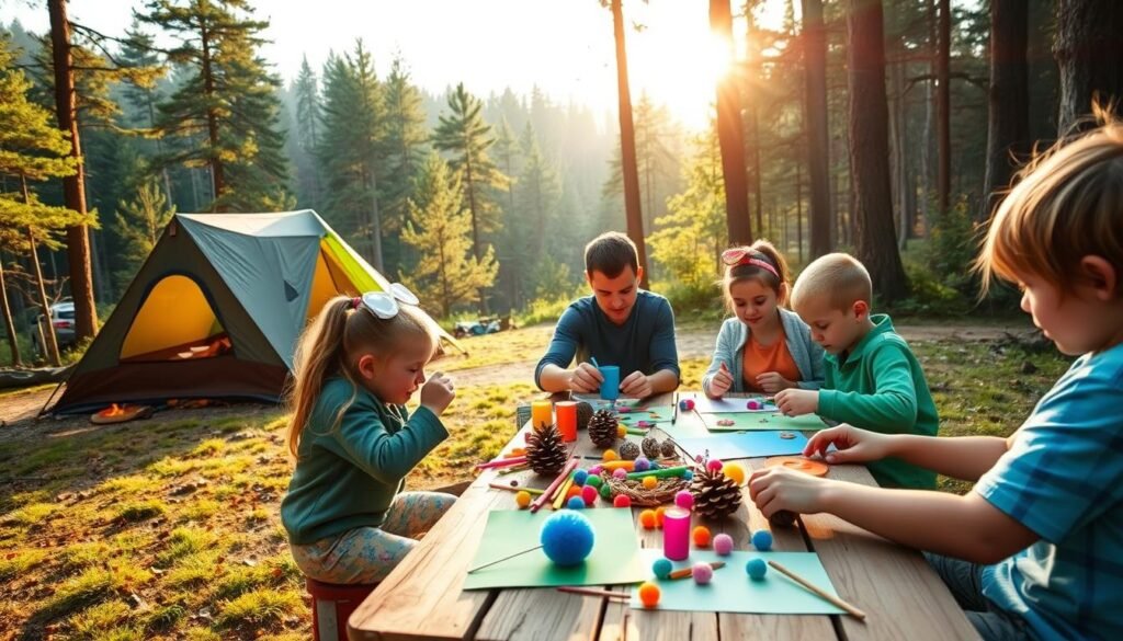 A cozy campsite nestled in a lush, forested landscape, the morning sun gently filtering through the trees. In the foreground, a family gathered around a wooden table, engaged in a variety of quick and easy camping crafts. Vibrant colors of construction paper, pom-poms, and natural materials like pinecones and twigs fill the scene, as children assemble charming nature-inspired projects. The atmosphere is relaxed and inviting, with a sense of togetherness and simple joys found in the great outdoors. A cozy campsite nestled in a lush, forested landscape, the morning sun gently filtering through the trees. In the foreground, a family gathered around a wooden table, engaged in a variety of quick and easy camping crafts. Vibrant colors of construction paper, pom-poms, and natural materials like pinecones and twigs fill the scene, as children assemble charming nature-inspired projects. The atmosphere is relaxed and inviting, with a sense of togetherness and simple joys found in the great outdoors.