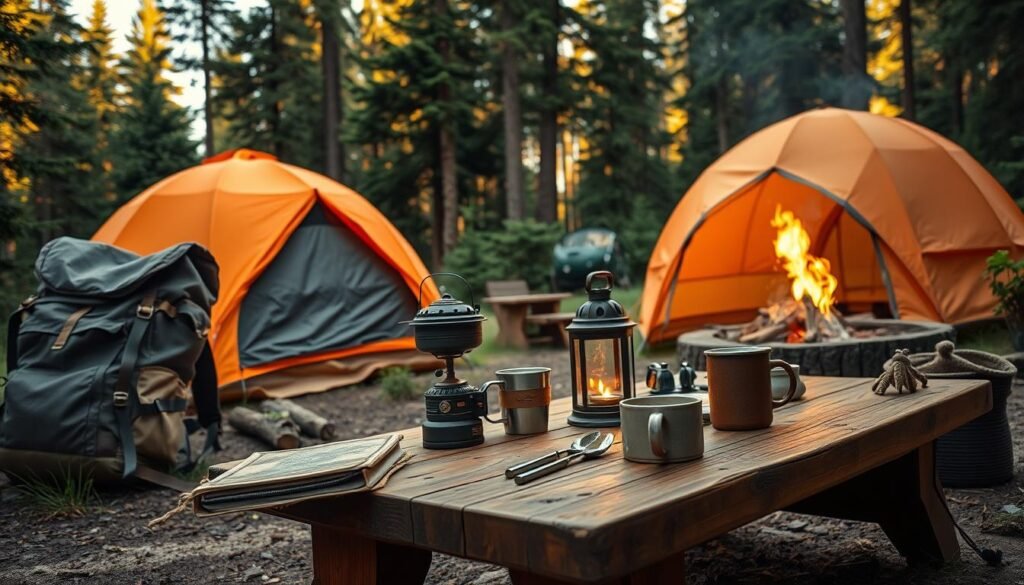 A cozy campsite nestled in a lush, forested setting, with a vibrant orange dome tent pitched beside a crackling fire pit. In the foreground, a well-organized collection of essential camping gear, including a sturdy backpack, a weathered leather-bound journal, a compact camp stove, and a pair of rugged hiking boots. The middle ground features a handcrafted wooden table, adorned with an assortment of camping utensils, a lantern, and a steaming mug, setting the stage for a comfortable and functional outdoor living space. The background showcases towering evergreen trees, casting a warm, natural glow over the entire scene, evoking a sense of tranquility and adventure.