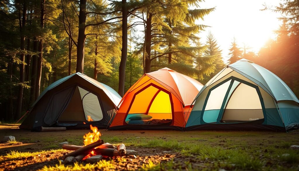 A cozy campsite nestled in a lush, verdant forest, with three top-quality camping tents pitched in a row, their sleek, weatherproof exteriors glistening in the soft, golden sunlight. The tents are a mix of vibrant colors - one deep forest green, another warm burnt orange, and the third a crisp, pale blue - creating a harmonious and inviting scene. The tents are spacious and well-ventilated, with sturdy frames and durable, breathable fabrics that will provide shelter and comfort for the adventurous campers. In the foreground, a small campfire crackles, casting a warm, flickering glow, while the surrounding trees sway gently in the breeze, creating a serene and tranquil atmosphere. A cozy campsite nestled in a lush, verdant forest, with three top-quality camping tents pitched in a row, their sleek, weatherproof exteriors glistening in the soft, golden sunlight. The tents are a mix of vibrant colors - one deep forest green, another warm burnt orange, and the third a crisp, pale blue - creating a harmonious and inviting scene. The tents are spacious and well-ventilated, with sturdy frames and durable, breathable fabrics that will provide shelter and comfort for the adventurous campers. In the foreground, a small campfire crackles, casting a warm, flickering glow, while the surrounding trees sway gently in the breeze, creating a serene and tranquil atmosphere.