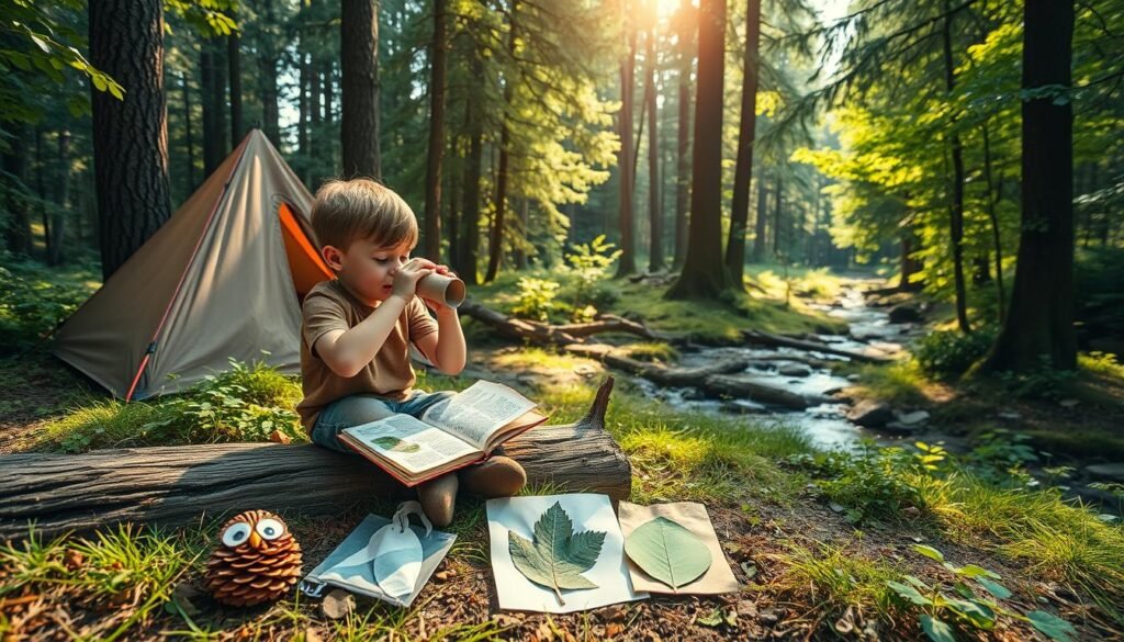 A cozy campsite nestled in a lush, verdant forest. In the foreground, a young explorer sits on a log, intently assembling a pair of binoculars from a toilet paper roll, a nature guidebook open beside them. Warm sunlight filters through the canopy, casting a soft glow on the scene. The middle ground reveals an array of simple camping crafts - a pinecone owl, a leaf rubbing, and a paper bag backpack. In the background, towering trees and a meandering stream create a serene, immersive wilderness setting. The overall atmosphere is one of wonder, curiosity, and the joy of discovering the natural world through hands-on exploration. A cozy campsite nestled in a lush, verdant forest. In the foreground, a young explorer sits on a log, intently assembling a pair of binoculars from a toilet paper roll, a nature guidebook open beside them. Warm sunlight filters through the canopy, casting a soft glow on the scene. The middle ground reveals an array of simple camping crafts - a pinecone owl, a leaf rubbing, and a paper bag backpack. In the background, towering trees and a meandering stream create a serene, immersive wilderness setting. The overall atmosphere is one of wonder, curiosity, and the joy of discovering the natural world through hands-on exploration.