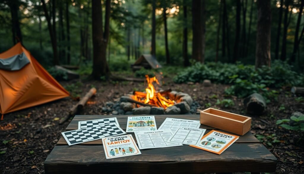 A cozy campsite nestled in a verdant forest, with a crackling fire pit surrounded by a selection of classic camping games artfully arranged on a rustic wooden table. Vibrant illustrations of popular activities like checkers, tic-tac-toe, and scavenger hunt cards, carefully printed on durable materials, invite campers to gather and engage in friendly competition. Soft, natural lighting filters through the canopy, creating a warm, inviting atmosphere that captures the essence of outdoor adventure and togetherness. The scene radiates a sense of nostalgia and the timeless allure of camping, perfectly suited to illustrate the importance of printable camping games for enriching the camping experience. A cozy campsite nestled in a verdant forest, with a crackling fire pit surrounded by a selection of classic camping games artfully arranged on a rustic wooden table. Vibrant illustrations of popular activities like checkers, tic-tac-toe, and scavenger hunt cards, carefully printed on durable materials, invite campers to gather and engage in friendly competition. Soft, natural lighting filters through the canopy, creating a warm, inviting atmosphere that captures the essence of outdoor adventure and togetherness. The scene radiates a sense of nostalgia and the timeless allure of camping, perfectly suited to illustrate the importance of printable camping games for enriching the camping experience.