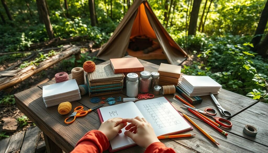 A cozy campsite nestled in lush greenery, sunlight filtering through the trees. On a weathered wooden table, an array of crafting supplies: spools of colorful twine, tidy stacks of construction paper, a jar of glitter, scissors, and an open sketchbook with pencils scattered beside it. In the foreground, a pair of small hands carefully arranging the materials, ready to create whimsical camping-themed crafts. The scene exudes a sense of adventure and creativity, inviting the viewer to join in the crafting journey. A cozy campsite nestled in lush greenery, sunlight filtering through the trees. On a weathered wooden table, an array of crafting supplies: spools of colorful twine, tidy stacks of construction paper, a jar of glitter, scissors, and an open sketchbook with pencils scattered beside it. In the foreground, a pair of small hands carefully arranging the materials, ready to create whimsical camping-themed crafts. The scene exudes a sense of adventure and creativity, inviting the viewer to join in the crafting journey.