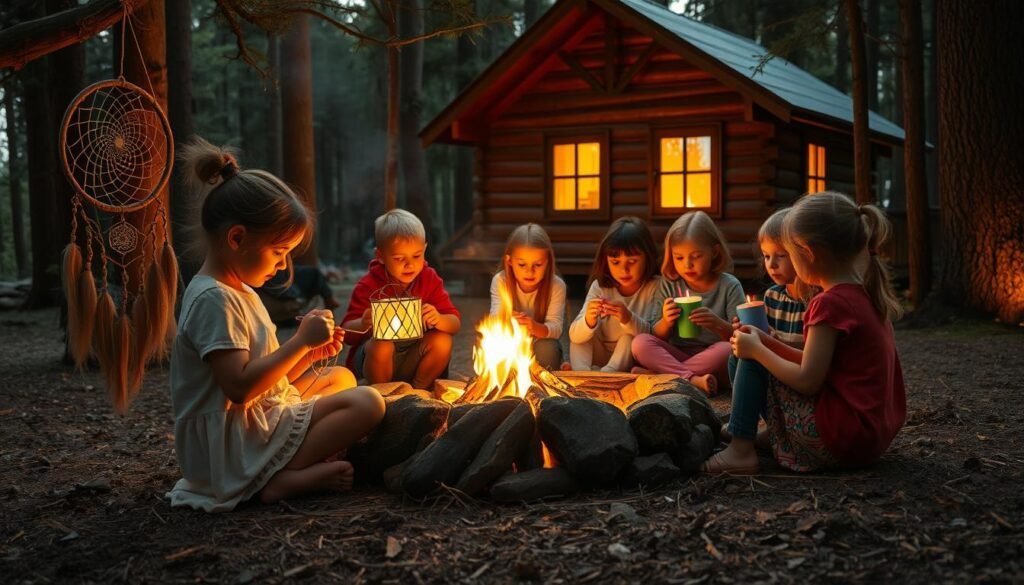 A cozy campsite nestled in the forest, where a group of children gather around a crackling fire, engaged in an array of captivating crafts that celebrate the warmth and radiance of light. In the foreground, a young girl carefully weaves a dreamcatcher, its intricate patterns casting mesmerizing shadows on the ground. Next to her, a boy constructs a lantern from paper and twine, its soft glow illuminating the scene. In the middle ground, a trio of children collaborate on a colorful candle-making project, their faces aglow with concentration. In the background, a rustic cabin stands, its windows casting a warm, inviting glow, hinting at the cozy comforts within. The overall atmosphere is one of peaceful, creative exploration, as the children immerse themselves in the joyful embrace of nature's elemental wonders. A cozy campsite nestled in the forest, where a group of children gather around a crackling fire, engaged in an array of captivating crafts that celebrate the warmth and radiance of light. In the foreground, a young girl carefully weaves a dreamcatcher, its intricate patterns casting mesmerizing shadows on the ground. Next to her, a boy constructs a lantern from paper and twine, its soft glow illuminating the scene. In the middle ground, a trio of children collaborate on a colorful candle-making project, their faces aglow with concentration. In the background, a rustic cabin stands, its windows casting a warm, inviting glow, hinting at the cozy comforts within. The overall atmosphere is one of peaceful, creative exploration, as the children immerse themselves in the joyful embrace of nature's elemental wonders.