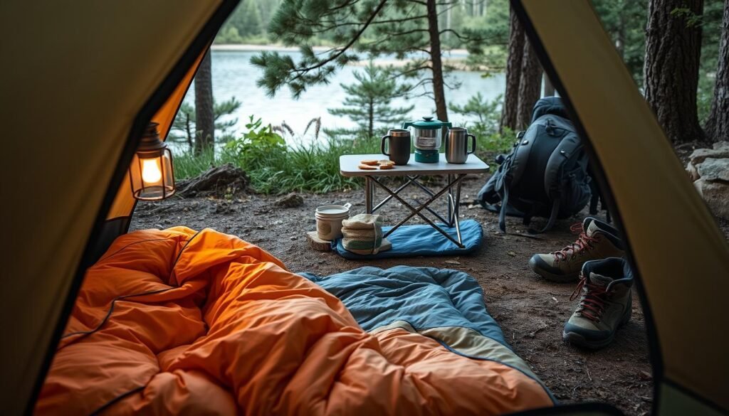 A cozy campsite nestled in the serene wilderness, showcasing a diverse array of budget-friendly camping essentials. In the foreground, a sturdy yet affordable tent stands ready to provide shelter, its fabric gently illuminated by the warm glow of a lantern. On the ground nearby, an inexpensive sleeping bag and sleeping pad create a comfortable sleeping setup. In the middle ground, a compact camp stove sits atop a portable folding table, alongside a simple but functional cookset and insulated mugs. In the background, a compact backpack and a pair of durable, budget-friendly hiking boots hint at the adventurous spirit of the camper. The scene exudes a sense of simplicity and practicality, capturing the essence of budget-friendly camping gear that doesn't compromise on quality or functionality. A cozy campsite nestled in the serene wilderness, showcasing a diverse array of budget-friendly camping essentials. In the foreground, a sturdy yet affordable tent stands ready to provide shelter, its fabric gently illuminated by the warm glow of a lantern. On the ground nearby, an inexpensive sleeping bag and sleeping pad create a comfortable sleeping setup. In the middle ground, a compact camp stove sits atop a portable folding table, alongside a simple but functional cookset and insulated mugs. In the background, a compact backpack and a pair of durable, budget-friendly hiking boots hint at the adventurous spirit of the camper. The scene exudes a sense of simplicity and practicality, capturing the essence of budget-friendly camping gear that doesn't compromise on quality or functionality.