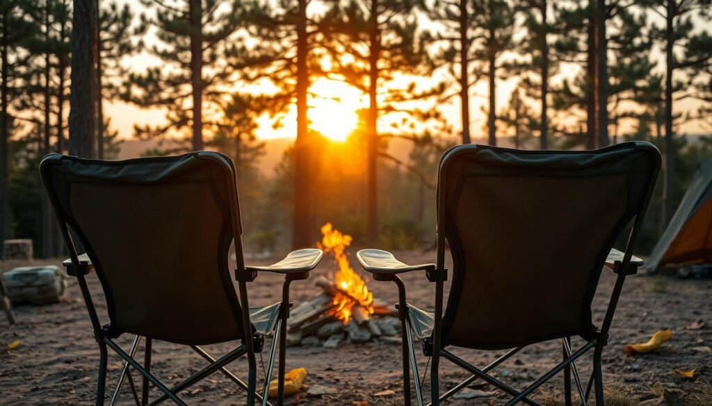 A cozy campsite under the warm glow of a setting sun. In the foreground, a pair of comfortable, weathered camping chairs sit side by side, inviting weary adventurers to rest and unwind. The chairs feature sturdy metal frames and plush, breathable fabric seats, perfectly designed for long hours of relaxation. In the middle ground, a small campfire crackles, casting a gentle, flickering light across the scene. Towering pine trees line the background, their verdant boughs swaying softly in a gentle breeze. An atmosphere of tranquility and outdoor serenity pervades the image, capturing the essence of campsite comfort and relaxation. A cozy campsite under the warm glow of a setting sun. In the foreground, a pair of comfortable, weathered camping chairs sit side by side, inviting weary adventurers to rest and unwind. The chairs feature sturdy metal frames and plush, breathable fabric seats, perfectly designed for long hours of relaxation. In the middle ground, a small campfire crackles, casting a gentle, flickering light across the scene. Towering pine trees line the background, their verdant boughs swaying softly in a gentle breeze. An atmosphere of tranquility and outdoor serenity pervades the image, capturing the essence of campsite comfort and relaxation.