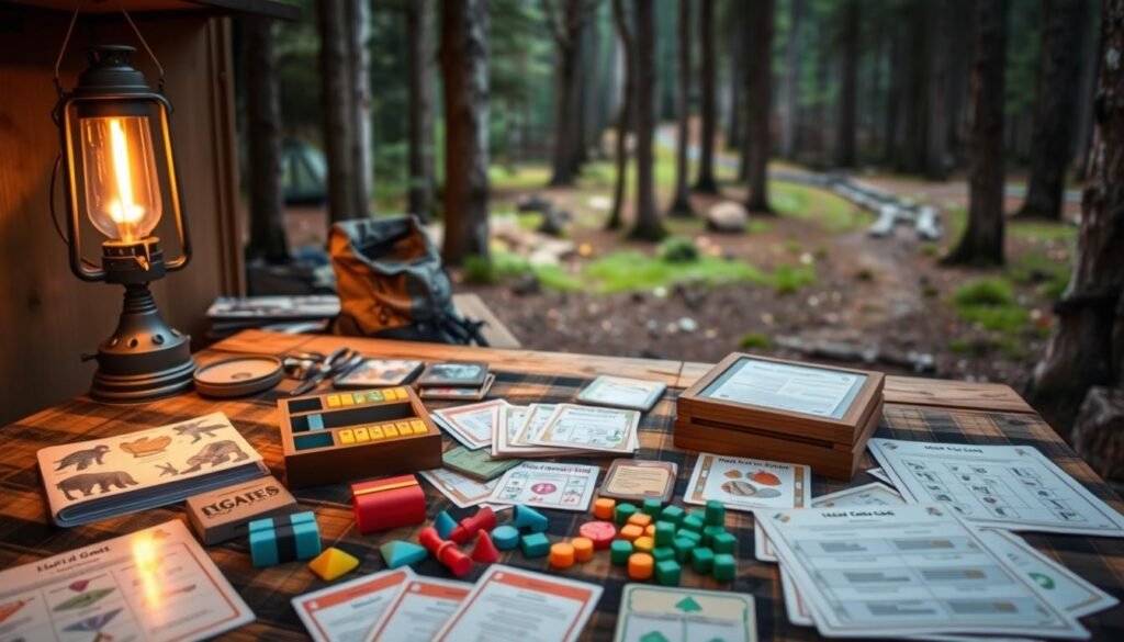 A cozy campsite with a rustic wooden table, adorned with a plaid tablecloth, sets the stage for an array of camping game printables. A lantern casts a warm glow, illuminating the scene. In the foreground, various game pieces and cards are neatly arranged, ready for players to enjoy. The middle ground features a backpack and hiking gear, hinting at the outdoor adventure to come. In the background, a serene forest landscape with towering trees and a winding path creates a peaceful atmosphere, inviting the viewer to join in the camping game fun. A cozy campsite with a rustic wooden table, adorned with a plaid tablecloth, sets the stage for an array of camping game printables. A lantern casts a warm glow, illuminating the scene. In the foreground, various game pieces and cards are neatly arranged, ready for players to enjoy. The middle ground features a backpack and hiking gear, hinting at the outdoor adventure to come. In the background, a serene forest landscape with towering trees and a winding path creates a peaceful atmosphere, inviting the viewer to join in the camping game fun.