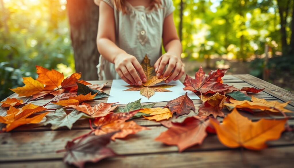 A cozy outdoor scene, a wooden table or bench in the foreground, with an array of autumn leaves artfully arranged for a leaf rubbing activity. Soft, natural lighting casts a warm glow, highlighting the intricate textures and vibrant colors of the leaves. In the middle ground, a child's hands carefully place a leaf on a sheet of paper, ready to capture its unique patterns through the simple act of rubbing a crayon over the surface. The background showcases a lush, natural setting - perhaps a forest canopy or a garden - conveying a sense of tranquility and connection with the natural world. The overall atmosphere is one of wonder, creativity, and a appreciation for the beauty of the outdoors. A cozy outdoor scene, a wooden table or bench in the foreground, with an array of autumn leaves artfully arranged for a leaf rubbing activity. Soft, natural lighting casts a warm glow, highlighting the intricate textures and vibrant colors of the leaves. In the middle ground, a child's hands carefully place a leaf on a sheet of paper, ready to capture its unique patterns through the simple act of rubbing a crayon over the surface. The background showcases a lush, natural setting - perhaps a forest canopy or a garden - conveying a sense of tranquility and connection with the natural world. The overall atmosphere is one of wonder, creativity, and a appreciation for the beauty of the outdoors.