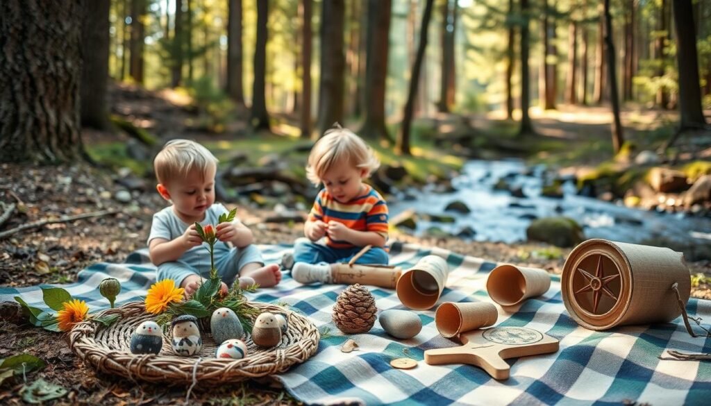 A cozy outdoor scene of DIY camping crafts for toddlers, with a warm, natural atmosphere. In the foreground, a small child sits on a picnic blanket, crafting a nature-inspired decoration from leaves, twigs, and colorful flowers. The middle ground features an assortment of homemade camping-themed projects, such as a painted pebble family, a pine cone bird feeder, and a DIY compass made from a cardboard tube. In the background, a peaceful forest landscape with tall trees, a gently flowing stream, and soft, dappled sunlight. The overall mood is one of enchantment, wonder, and lasting outdoor memories.