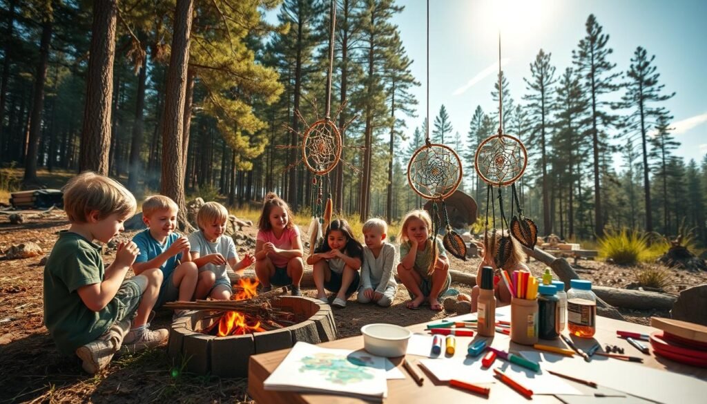 A cozy outdoor scene of children engaged in various camping-themed crafts. In the foreground, a group of young campers sit around a campfire, carefully crafting dreamcatchers from natural materials like twigs, feathers, and beads. The middle ground features a picnic table laden with supplies - paints, markers, paper, and other art tools. In the background, a tranquil forest with tall pine trees and a clear blue sky, bathed in warm, golden sunlight. The mood is one of peaceful creativity, adventure, and the magic of connecting with nature. Realistic, detailed, and vibrant, captured through a wide-angle lens. A cozy outdoor scene of children engaged in various camping-themed crafts. In the foreground, a group of young campers sit around a campfire, carefully crafting dreamcatchers from natural materials like twigs, feathers, and beads. The middle ground features a picnic table laden with supplies - paints, markers, paper, and other art tools. In the background, a tranquil forest with tall pine trees and a clear blue sky, bathed in warm, golden sunlight. The mood is one of peaceful creativity, adventure, and the magic of connecting with nature. Realistic, detailed, and vibrant, captured through a wide-angle lens.