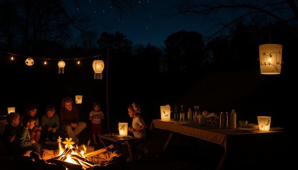 A cozy outdoor scene on a starry night, illuminated by glowing handmade lanterns and string lights. In the foreground, a group of children gathered around a campfire, engaged in crafting whimsical lanterns from paper, leaves, and twigs. In the middle ground, a table laden with craft supplies and half-finished projects, casting a warm, ambient glow. In the background, a silhouetted forest, the branches swaying gently in a light breeze. The overall mood is one of enchantment and wonder, capturing the magic of nighttime creativity. A cozy outdoor scene on a starry night, illuminated by glowing handmade lanterns and string lights. In the foreground, a group of children gathered around a campfire, engaged in crafting whimsical lanterns from paper, leaves, and twigs. In the middle ground, a table laden with craft supplies and half-finished projects, casting a warm, ambient glow. In the background, a silhouetted forest, the branches swaying gently in a light breeze. The overall mood is one of enchantment and wonder, capturing the magic of nighttime creativity.