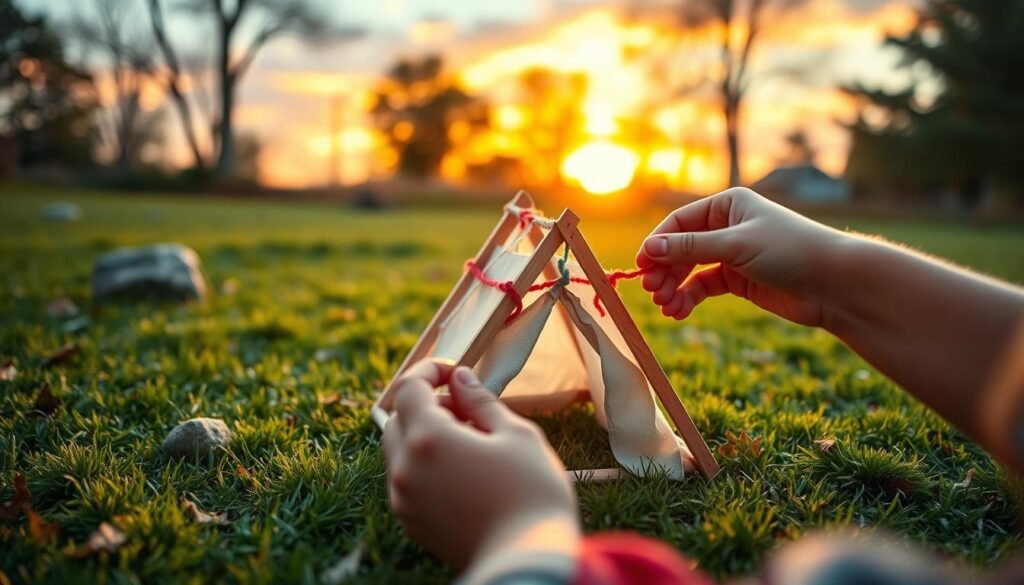 A cozy outdoor scene showcasing a DIY popsicle stick tent, crafted with colorful sticks and string. In the foreground, a child's hands carefully assemble the miniature shelter, with attention to detail. The middle ground features a grassy lawn, dotted with natural elements like rocks and leaves, creating a serene camping ambiance. The background gently fades into a vibrant, sunset-lit sky, casting a warm glow over the scene. Soft, diffused lighting illuminates the hands and tent, highlighting the delicate textures and materials. The camera angle is slightly angled, providing a intimate, close-up perspective that draws the viewer into the captivating DIY camping project. A cozy outdoor scene showcasing a DIY popsicle stick tent, crafted with colorful sticks and string. In the foreground, a child's hands carefully assemble the miniature shelter, with attention to detail. The middle ground features a grassy lawn, dotted with natural elements like rocks and leaves, creating a serene camping ambiance. The background gently fades into a vibrant, sunset-lit sky, casting a warm glow over the scene. Soft, diffused lighting illuminates the hands and tent, highlighting the delicate textures and materials. The camera angle is slightly angled, providing a intimate, close-up perspective that draws the viewer into the captivating DIY camping project.