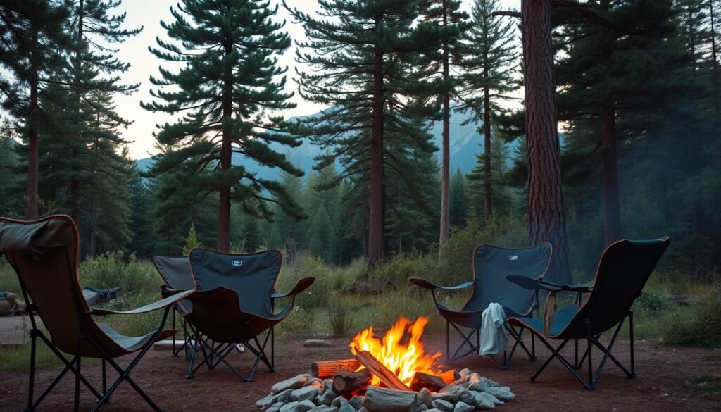A cozy outdoor scene showcasing a collection of top-rated camping chairs in a serene, natural setting. In the foreground, a group of high-quality, ergonomic chairs in earthy tones and sturdy fabrics sit around a crackling campfire, inviting relaxation. The middle ground features lush, verdant foliage and towering pine trees, creating a tranquil, woodland atmosphere. Warm, golden lighting filters through the canopy, casting a gentle glow on the scene. In the background, a picturesque mountain range rises, framing the peaceful tableau. The overall mood is one of comfort, adventure, and a deep connection to the great outdoors. A cozy outdoor scene showcasing a collection of top-rated camping chairs in a serene, natural setting. In the foreground, a group of high-quality, ergonomic chairs in earthy tones and sturdy fabrics sit around a crackling campfire, inviting relaxation. The middle ground features lush, verdant foliage and towering pine trees, creating a tranquil, woodland atmosphere. Warm, golden lighting filters through the canopy, casting a gentle glow on the scene. In the background, a picturesque mountain range rises, framing the peaceful tableau. The overall mood is one of comfort, adventure, and a deep connection to the great outdoors.