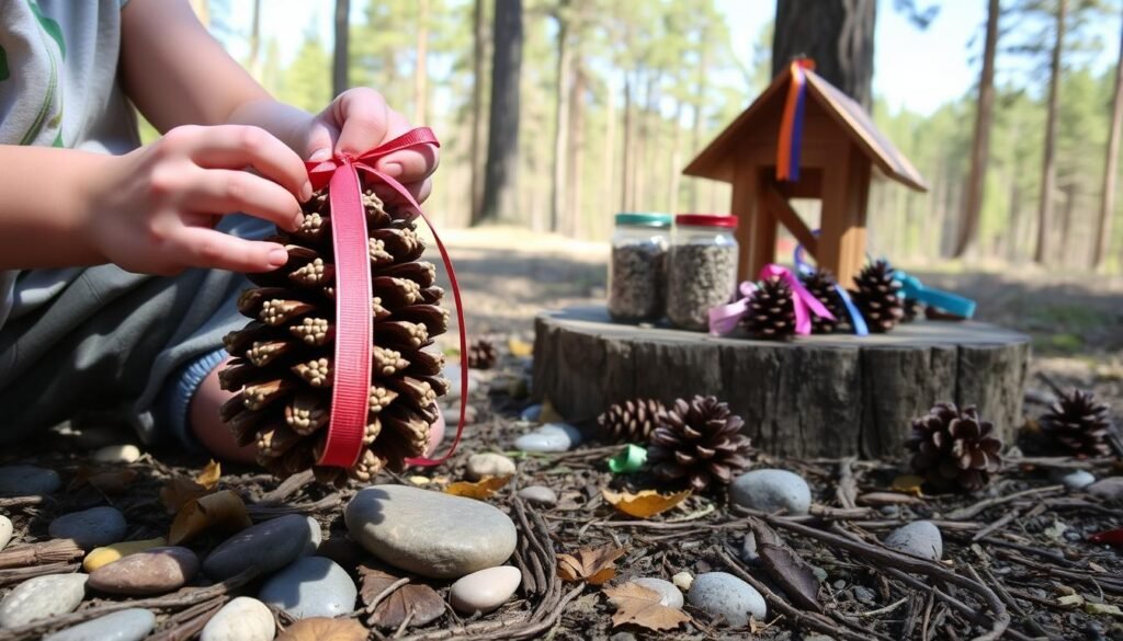 A cozy outdoor scene showcasing a pinecone bird feeder craft. In the foreground, a child's hands carefully affixing a ribbon to a large pinecone, covered in peanut butter and birdseed. Surrounding the child, a scattering of natural elements like smooth river rocks, fallen leaves, and twigs. The middle ground features a wooden bench or stump, upon which rest an assortment of craft supplies - more pinecones, jars of birdseed, and colorful ribbons. In the background, a lush forest with tall trees and a clear blue sky, creating a peaceful, nature-inspired atmosphere. Soft, natural lighting illuminates the scene, casting gentle shadows. The overall composition emphasizes the simplicity and joy of this crafting activity, inviting the viewer to engage in this easy, family-friendly project. A cozy outdoor scene showcasing a pinecone bird feeder craft. In the foreground, a child's hands carefully affixing a ribbon to a large pinecone, covered in peanut butter and birdseed. Surrounding the child, a scattering of natural elements like smooth river rocks, fallen leaves, and twigs. The middle ground features a wooden bench or stump, upon which rest an assortment of craft supplies - more pinecones, jars of birdseed, and colorful ribbons. In the background, a lush forest with tall trees and a clear blue sky, creating a peaceful, nature-inspired atmosphere. Soft, natural lighting illuminates the scene, casting gentle shadows. The overall composition emphasizes the simplicity and joy of this crafting activity, inviting the viewer to engage in this easy, family-friendly project.