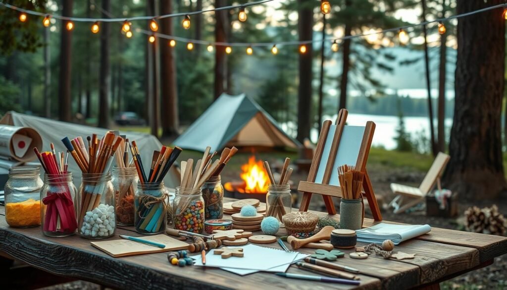 A cozy outdoor scene with a rustic picnic table in the foreground, adorned with a variety of camping craft supplies. Jars of colorful paint, brushes, ribbons, beads, and wooden shapes sit alongside a portable easel, sketchbooks, and nature-inspired decorations. In the middle ground, a cheerful tent and campfire setup, with twinkling string lights overhead. The background features a lush forest landscape, with tall trees and a glimpse of a serene lake. Warm, golden lighting casts a welcoming glow, evoking a sense of adventure and creativity. The overall atmosphere is one of rustic charm and imaginative outdoor exploration. A cozy outdoor scene with a rustic picnic table in the foreground, adorned with a variety of camping craft supplies. Jars of colorful paint, brushes, ribbons, beads, and wooden shapes sit alongside a portable easel, sketchbooks, and nature-inspired decorations. In the middle ground, a cheerful tent and campfire setup, with twinkling string lights overhead. The background features a lush forest landscape, with tall trees and a glimpse of a serene lake. Warm, golden lighting casts a welcoming glow, evoking a sense of adventure and creativity. The overall atmosphere is one of rustic charm and imaginative outdoor exploration.