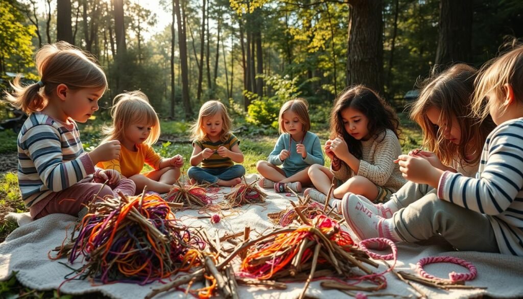 A cozy outdoor scene with children engrossed in various stick and yarn crafting projects. In the warm afternoon light, a group of young participants sit on a soft blanket, surrounded by a lush forest backdrop. Piles of colorful yarn, sticks, and other natural materials are scattered about, as the kids intently weave, wrap, and create an array of whimsical textures and patterns. The scene is filled with a sense of focus and concentration, evoking the development of fine motor skills through these engaging, hands-on activities. The overall atmosphere is one of peaceful creativity, with a hint of adventure and discovery in the great outdoors. A cozy outdoor scene with children engrossed in various stick and yarn crafting projects. In the warm afternoon light, a group of young participants sit on a soft blanket, surrounded by a lush forest backdrop. Piles of colorful yarn, sticks, and other natural materials are scattered about, as the kids intently weave, wrap, and create an array of whimsical textures and patterns. The scene is filled with a sense of focus and concentration, evoking the development of fine motor skills through these engaging, hands-on activities. The overall atmosphere is one of peaceful creativity, with a hint of adventure and discovery in the great outdoors.