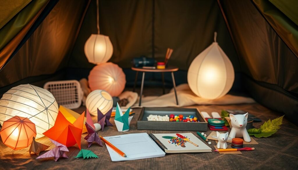 A cozy tent interior with a variety of fun camping crafts laid out on the floor. Soft, warm lighting illuminates the scene, casting a gentle glow on the handmade decorations and nature-inspired projects. In the foreground, colorful paper lanterns and origami animals sit alongside a DIY journal and a stack of colored pencils. In the middle ground, a small table holds a tray of beads, feathers, and other craft supplies, inviting young campers to get creative. The background features the faint outlines of the tent walls, creating a sense of enclosure and shelter from the rainy weather outside. The overall atmosphere is cozy, imaginative, and conducive to a rainy day spent crafting and exploring the great outdoors. A cozy tent interior with a variety of fun camping crafts laid out on the floor. Soft, warm lighting illuminates the scene, casting a gentle glow on the handmade decorations and nature-inspired projects. In the foreground, colorful paper lanterns and origami animals sit alongside a DIY journal and a stack of colored pencils. In the middle ground, a small table holds a tray of beads, feathers, and other craft supplies, inviting young campers to get creative. The background features the faint outlines of the tent walls, creating a sense of enclosure and shelter from the rainy weather outside. The overall atmosphere is cozy, imaginative, and conducive to a rainy day spent crafting and exploring the great outdoors.