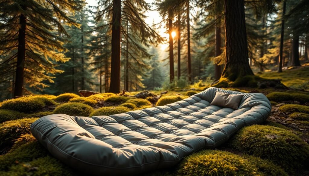 A cozy, well-crafted sleeping pad rests invitingly on a plush, mossy forest floor. The pad's high-quality fabric and contoured design are visible, promising a comfortable night's sleep under a canopy of towering evergreens. Warm, diffused light filters through the branches, casting a gentle glow on the scene. The pad's earthy tones complement the natural surroundings, creating a harmonious and tranquil atmosphere perfect for a restful night of tent camping. Attention to detail in the textures and materials evokes a sense of quality and durability, essential for outdoor adventures. A cozy, well-crafted sleeping pad rests invitingly on a plush, mossy forest floor. The pad's high-quality fabric and contoured design are visible, promising a comfortable night's sleep under a canopy of towering evergreens. Warm, diffused light filters through the branches, casting a gentle glow on the scene. The pad's earthy tones complement the natural surroundings, creating a harmonious and tranquil atmosphere perfect for a restful night of tent camping. Attention to detail in the textures and materials evokes a sense of quality and durability, essential for outdoor adventures.