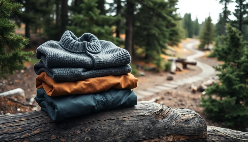 A cozy, well-equipped campsite nestled among evergreen trees, with a focal point on a stack of folded mid-layer clothing items. Prominent in the foreground are a wool sweater, a fleece jacket, and a light rain jacket, arranged neatly on a fallen log. The lighting is soft and diffused, mimicking the gentle glow of an overcast day. The background features a glimpse of a nearby trail winding through the forest, conveying a sense of tranquility and adventure. The overall mood is one of preparedness and comfort, suitable for the "Mid-Layer Clothing Essentials for Temperature Regulation" section of the camping checklist article.