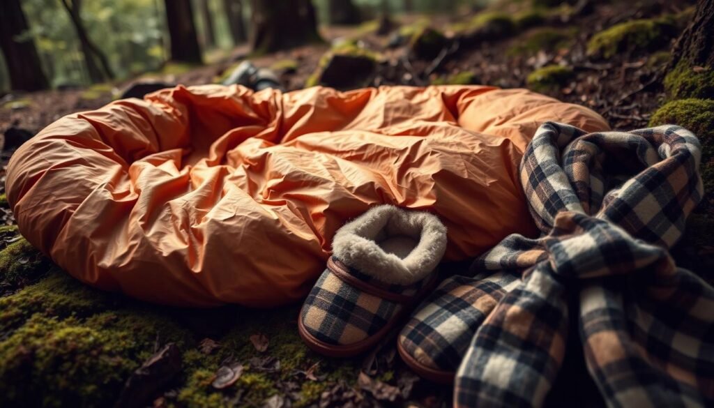 A cozy, well-worn sleeping bag in a warm, earthy tone lies on the forest floor, surrounded by soft, mossy undergrowth. Nearby, a pair of plush, fleece-lined slippers and a matching robe in a rustic, checkered pattern are neatly folded, ready to provide comfort and insulation during the chilly nighttime hours. The scene is bathed in a gentle, diffused light, creating a peaceful, inviting atmosphere that evokes the tranquility and serenity of a wilderness camping experience. A cozy, well-worn sleeping bag in a warm, earthy tone lies on the forest floor, surrounded by soft, mossy undergrowth. Nearby, a pair of plush, fleece-lined slippers and a matching robe in a rustic, checkered pattern are neatly folded, ready to provide comfort and insulation during the chilly nighttime hours. The scene is bathed in a gentle, diffused light, creating a peaceful, inviting atmosphere that evokes the tranquility and serenity of a wilderness camping experience.