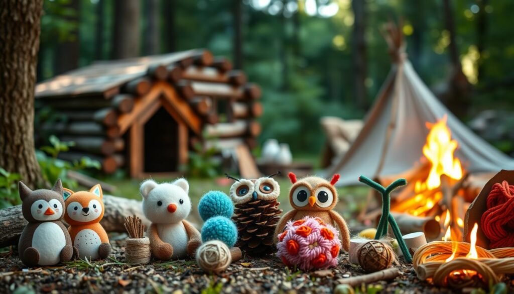 A cozy woodland scene with a variety of whimsical animal-themed camping crafts in the foreground. A log cabin or tent in the middle ground, with lush greenery and a campfire in the background. Soft, natural lighting illuminates the scene, casting warm shadows. The crafts include hand-painted wooden animal figurines, pom-pom creatures, pinecone owls, and pipe cleaner critters. Textures of fabric, yarn, and natural materials add depth and tactility. The overall atmosphere is inviting, playful, and nostalgic, capturing the spirit of childhood exploration and creativity in the great outdoors. A cozy woodland scene with a variety of whimsical animal-themed camping crafts in the foreground. A log cabin or tent in the middle ground, with lush greenery and a campfire in the background. Soft, natural lighting illuminates the scene, casting warm shadows. The crafts include hand-painted wooden animal figurines, pom-pom creatures, pinecone owls, and pipe cleaner critters. Textures of fabric, yarn, and natural materials add depth and tactility. The overall atmosphere is inviting, playful, and nostalgic, capturing the spirit of childhood exploration and creativity in the great outdoors.