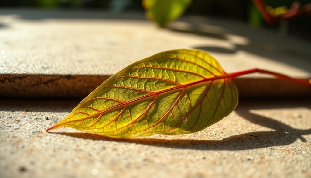 A delicate leaf, its intricate veins and textures captured in vibrant detail, lies against a smooth, textured surface. Natural light filters through the foliage, casting gentle shadows and highlighting the leaf's organic forms. The scene is bathed in a warm, earthy palette, conveying a sense of tranquility and connection to the natural world. A high-resolution, photorealistic image, captured with a sharp, close-up lens that showcases the leaf's beauty and invites the viewer to appreciate the intricate patterns found in nature.