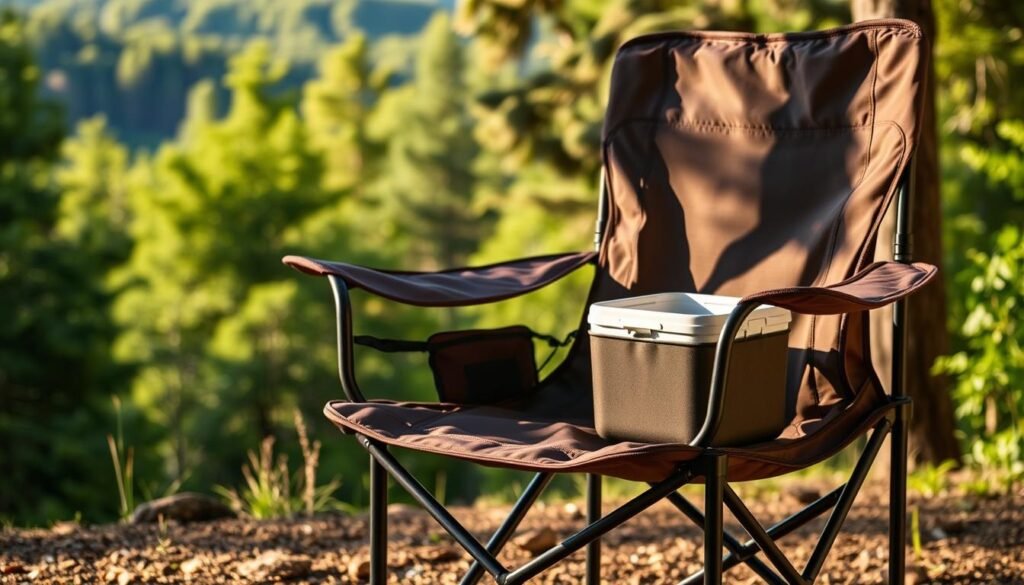 A detailed, high-resolution image of a Coleman oversized quad camping chair with built-in cooler, set in an outdoor forest or campground scene. The chair is positioned in the foreground, with natural lighting casting warm shadows across its sturdy, powder-coated steel frame and durable polyester fabric. The cooler feature is prominently displayed, allowing viewers to envision the chair's practical functionality. The middle ground features lush, verdant foliage and trees, creating a serene, natural backdrop. The background subtly hints at a campsite or scenic overlook, conveying a sense of adventure and relaxation. The overall composition and lighting capture the rugged, yet comfortable, essence of the Coleman camping chair, aligning with the article's subject and section title. A detailed, high-resolution image of a Coleman oversized quad camping chair with built-in cooler, set in an outdoor forest or campground scene. The chair is positioned in the foreground, with natural lighting casting warm shadows across its sturdy, powder-coated steel frame and durable polyester fabric. The cooler feature is prominently displayed, allowing viewers to envision the chair's practical functionality. The middle ground features lush, verdant foliage and trees, creating a serene, natural backdrop. The background subtly hints at a campsite or scenic overlook, conveying a sense of adventure and relaxation. The overall composition and lighting capture the rugged, yet comfortable, essence of the Coleman camping chair, aligning with the article's subject and section title.