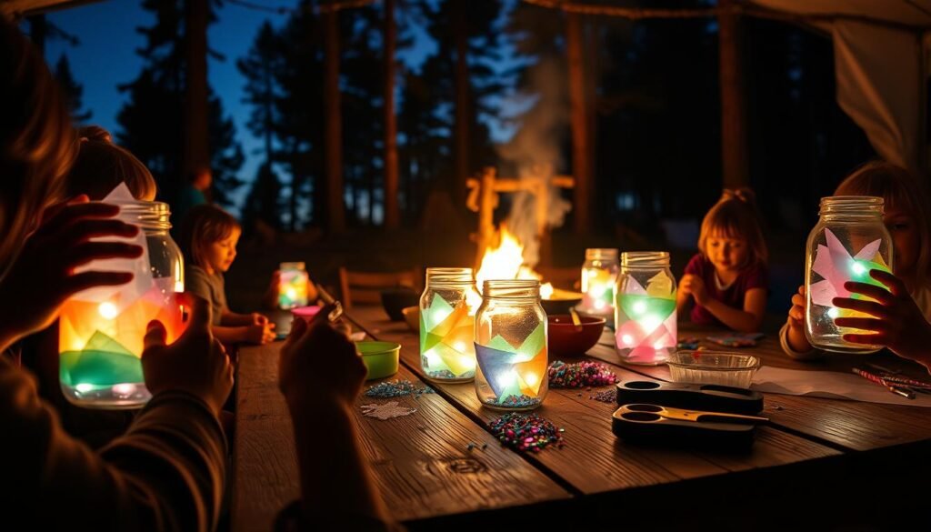 A dimly lit, cozy camping scene with a group of children crafting whimsical glow-in-the-dark firefly jars. In the foreground, small hands carefully layer colorful tissue paper, glitter, and LED lights inside glass jars. The middle ground features a rustic wooden table with an assortment of craft supplies, casting soft shadows. In the background, a campfire flickers, illuminating the silhouettes of towering pine trees against a starry night sky. The warm, inviting atmosphere is enhanced by the gentle glow of the homemade lanterns, creating a magical and immersive experience.