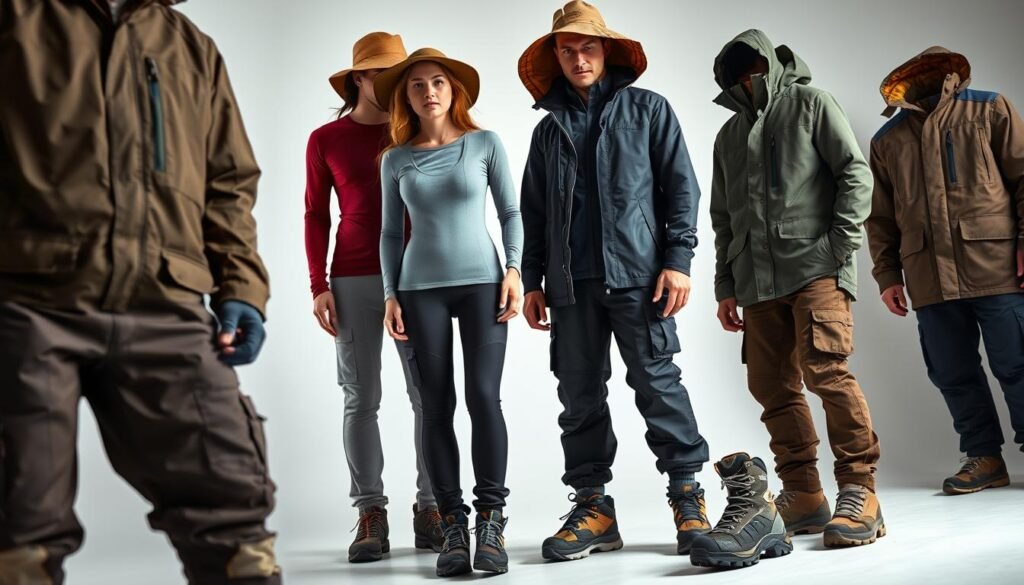 A diverse collection of specialized camping attire for various outdoor conditions. In the foreground, a high-performance waterproof jacket with taped seams and adjustable cuffs, alongside durable cargo pants with reinforced knees. In the middle ground, a breathable, moisture-wicking base layer top and matching bottoms, as well as a warm, insulated parka for cold weather. In the background, a wide-brimmed sun hat, thick wool socks, and rugged hiking boots with aggressive tread. The lighting is soft and diffused, highlighting the technical features and high-quality materials of the apparel. The overall scene conveys a sense of preparedness and adventure, ready to tackle any outdoor challenge.