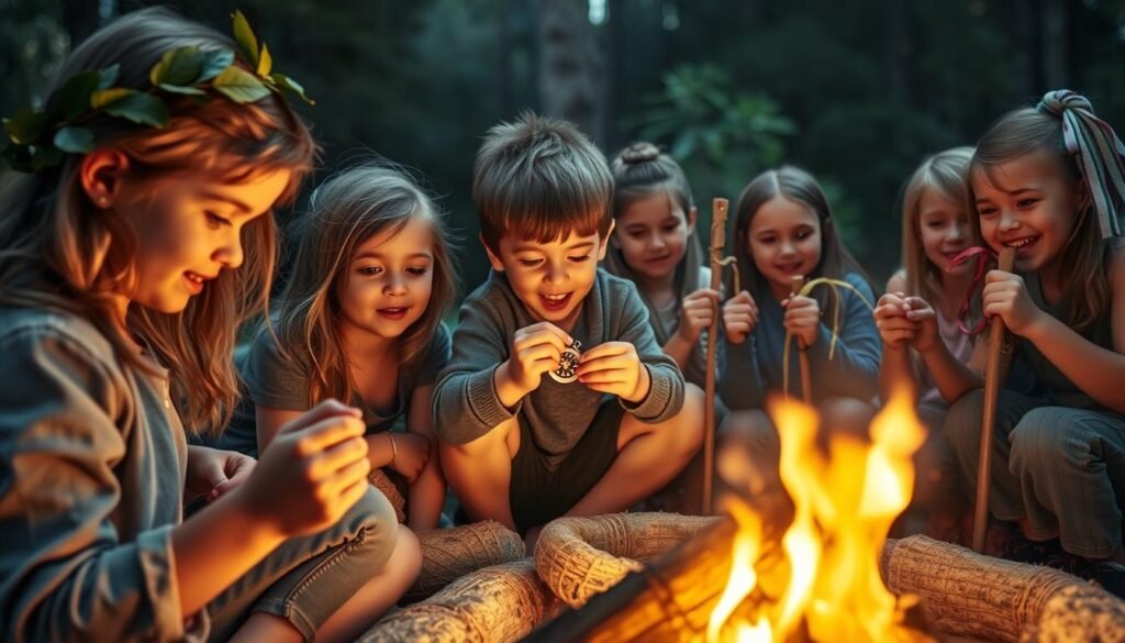 A group of children gathered around a campfire, engaged in crafting wearable accessories inspired by the outdoors. In the foreground, a young girl carefully weaves a leaf crown, her face illuminated by the warm glow of the fire. In the middle ground, a boy designs a DIY compass pendant, its metallic casing catching the dancing flames. In the background, a huddle of kids decorate their homemade hiking sticks with twine and colorful ribbons, their laughter and creativity filling the cozy scene. The image is lit by the flickering firelight, creating a soft, natural atmosphere that captures the spirit of camping and outdoor exploration. The overall composition emphasizes the children's hands-on engagement with the crafting process, showcasing the simple yet imaginative nature of these wearable camping creations. A group of children gathered around a campfire, engaged in crafting wearable accessories inspired by the outdoors. In the foreground, a young girl carefully weaves a leaf crown, her face illuminated by the warm glow of the fire. In the middle ground, a boy designs a DIY compass pendant, its metallic casing catching the dancing flames. In the background, a huddle of kids decorate their homemade hiking sticks with twine and colorful ribbons, their laughter and creativity filling the cozy scene. The image is lit by the flickering firelight, creating a soft, natural atmosphere that captures the spirit of camping and outdoor exploration. The overall composition emphasizes the children's hands-on engagement with the crafting process, showcasing the simple yet imaginative nature of these wearable camping creations.