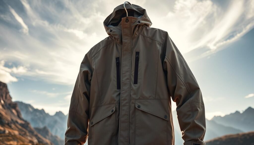A high-quality outdoor jacket hangs against a rugged mountainous backdrop, illuminated by warm afternoon sunlight filtering through wispy clouds. The jacket's durable, water-resistant fabric in muted earth tones blends seamlessly with the natural environment. Intricate stitching and reinforced panels suggest exceptional craftsmanship and versatility, ready to shield the wearer from wind, rain, and cold during extended wilderness adventures. Carefully designed pockets, adjustable cuffs, and a protective hood complete the functional yet stylish appearance, making this the quintessential outer layer for the discerning outdoor enthusiast.