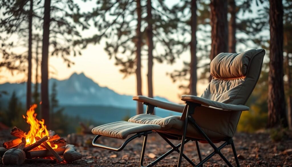 A high-quality, reclining camping chair with a comfortable footrest, situated in a serene, wooded campsite. The chair is plush and supportive, with a neutral-toned fabric that blends seamlessly with the natural surroundings. Warm, soft lighting emanates from a nearby campfire, casting a cozy glow across the scene. The chair is positioned to face a majestic mountain range in the distance, inviting the viewer to sit back, relax, and take in the breathtaking landscape. The overall atmosphere is one of tranquility and outdoor respite, perfectly capturing the essence of the "best camping chair with footrest" that the article seeks to highlight. A high-quality, reclining camping chair with a comfortable footrest, situated in a serene, wooded campsite. The chair is plush and supportive, with a neutral-toned fabric that blends seamlessly with the natural surroundings. Warm, soft lighting emanates from a nearby campfire, casting a cozy glow across the scene. The chair is positioned to face a majestic mountain range in the distance, inviting the viewer to sit back, relax, and take in the breathtaking landscape. The overall atmosphere is one of tranquility and outdoor respite, perfectly capturing the essence of the "best camping chair with footrest" that the article seeks to highlight.