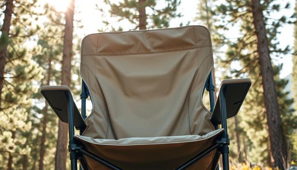 A large, sturdy camping chair with a rugged, outdoor-inspired design. It has a wide, supportive seat and a high back that provides excellent lumbar support. The chair is constructed from a durable, weatherproof material in a neutral beige or olive green color, with reinforced metal frame and armrests. Sunlight filters through tall pine trees, casting warm, natural lighting on the chair. The scene conveys a sense of peaceful, outdoor relaxation in a serene mountain setting. A large, sturdy camping chair with a rugged, outdoor-inspired design. It has a wide, supportive seat and a high back that provides excellent lumbar support. The chair is constructed from a durable, weatherproof material in a neutral beige or olive green color, with reinforced metal frame and armrests. Sunlight filters through tall pine trees, casting warm, natural lighting on the chair. The scene conveys a sense of peaceful, outdoor relaxation in a serene mountain setting.