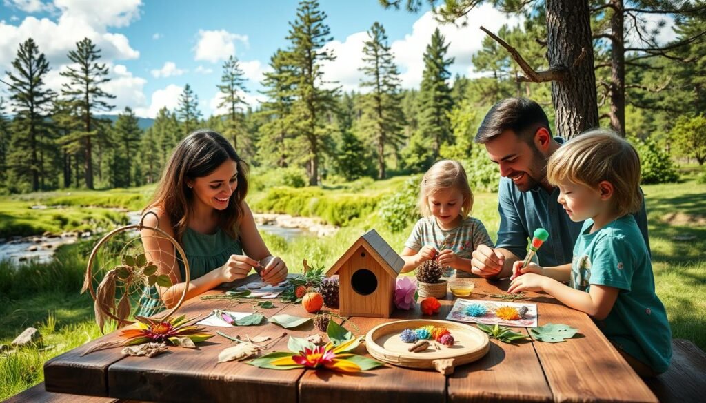 A lush, verdant outdoor scene with a family of four - a mother, father, and two young children - gathered around a picnic table, engaged in a variety of nature-themed craft projects. The foreground features an array of handmade items, including a woven dream catcher, a nature collage made from leaves and flowers, a painted wooden birdhouse, and colorful tissue paper suncatchers. In the middle ground, the children are diligently working on their crafts, their faces full of concentration and creativity. The background showcases a scenic landscape with towering pine trees, a babbling brook, and a clear blue sky with fluffy white clouds. The lighting is soft and warm, creating a cozy, inviting atmosphere. The overall mood is one of tranquility, imagination, and a deep connection to the natural world. A lush, verdant outdoor scene with a family of four - a mother, father, and two young children - gathered around a picnic table, engaged in a variety of nature-themed craft projects. The foreground features an array of handmade items, including a woven dream catcher, a nature collage made from leaves and flowers, a painted wooden birdhouse, and colorful tissue paper suncatchers. In the middle ground, the children are diligently working on their crafts, their faces full of concentration and creativity. The background showcases a scenic landscape with towering pine trees, a babbling brook, and a clear blue sky with fluffy white clouds. The lighting is soft and warm, creating a cozy, inviting atmosphere. The overall mood is one of tranquility, imagination, and a deep connection to the natural world.