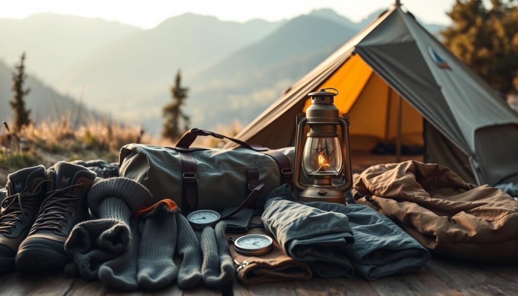 A meticulously arranged camping clothes list, displayed against a rustic wooden backdrop. In the foreground, a neatly folded collection of essential outdoor gear - hiking boots, thermal socks, and lightweight jackets in earthy tones. The middle ground features a rugged duffel bag, a sturdy compass, and a weathered camping lantern, casting a warm glow. In the background, a canvas tent stands tall, silhouetted against a serene mountain landscape, hinting at the adventures to come. The scene is illuminated by soft, natural lighting, capturing the essence of a well-prepared, authentic camping excursion. A meticulously arranged camping clothes list, displayed against a rustic wooden backdrop. In the foreground, a neatly folded collection of essential outdoor gear - hiking boots, thermal socks, and lightweight jackets in earthy tones. The middle ground features a rugged duffel bag, a sturdy compass, and a weathered camping lantern, casting a warm glow. In the background, a canvas tent stands tall, silhouetted against a serene mountain landscape, hinting at the adventures to come. The scene is illuminated by soft, natural lighting, capturing the essence of a well-prepared, authentic camping excursion.